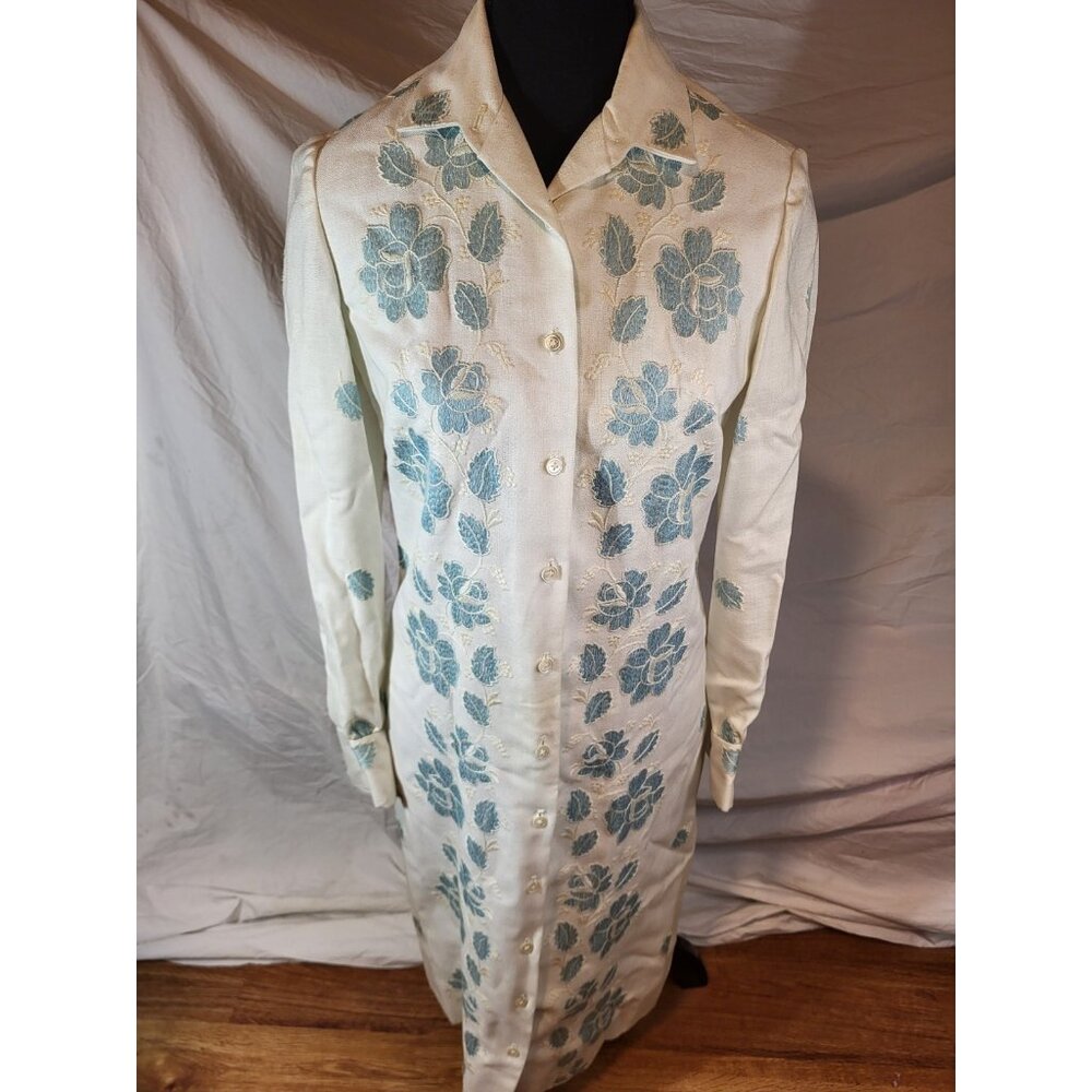 Vintage Anne Fogarty Size 6? Embroidered Collared Button Front Dress White Blue